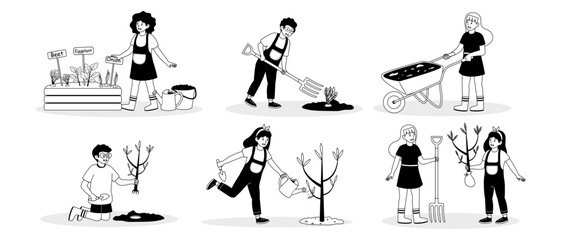 Community members plant and care for plants in a diverse garden