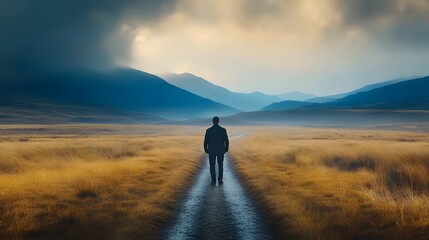 Scenic view of a man walking through an expansive field under a bright sky evoking a sense of freedom and adventure