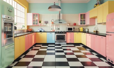 Fototapeta premium Large vintage kitchen with retro appliances, checkerboard floors, and colorful cabinets, 4K hyperrealistic photo