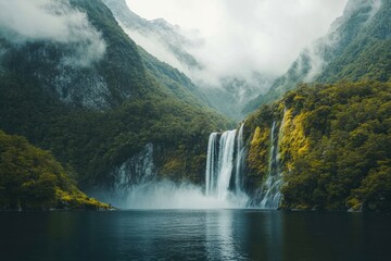 Fototapeta premium Majestic waterfall cascading through lush green mountains in a tranquil lake setting