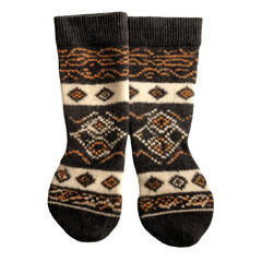 Pair of Warm Knit Wool Socks with Geometric Pattern Lying Flat