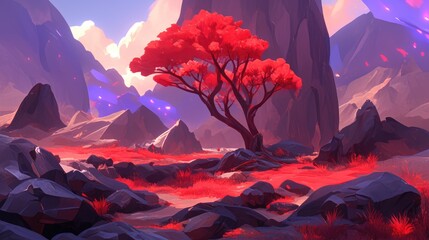 A vibrant red tree in a mysterious rocky landscape setting