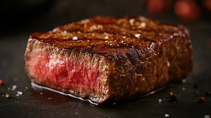 Seared beef steak with salt. Medium rare meat cut. Cooked juicy steak on dark surface. Delicious meal. Fresh and tasty food photo.