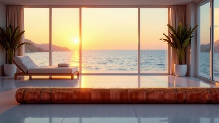 Serene Sunset View with Rolled Floor Covering in Modern Coastal Residence