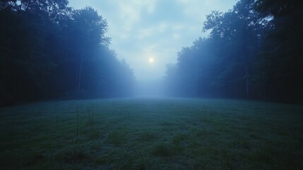 Misty sunrise over a field, trees forming a natural frame.