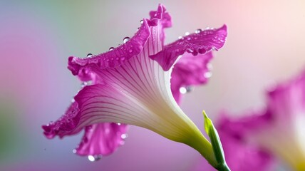 Fototapeta premium Macro of a pink freesia, dewdrops on ruffled petals