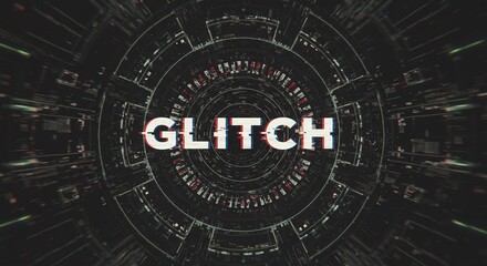 Glitch: A futuristic, cinematic, tunnel with the word "GLITCH" front and center, embodying digital disruption and technological anomaly.