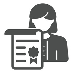Psychologist woman with certificate solid icon, family psychology concept. Vector graphics. Woman with document paper sign on white background, glyph style icon for mobile or web design.