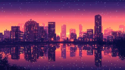 Obraz premium A pixelated cityscape reflecting in calm water under a starry sky