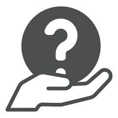 Question mark ball in hand solid icon, family psychology concept. Vector graphics. Ask bubble in hand palm sign on white background, glyph style icon for mobile or web design.