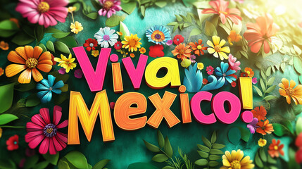 Lush and vibrant floral composition with "Viva Mexico!" typography, celebrating Mexican culture, traditions, and national pride with a festive and joyful atmosphere.