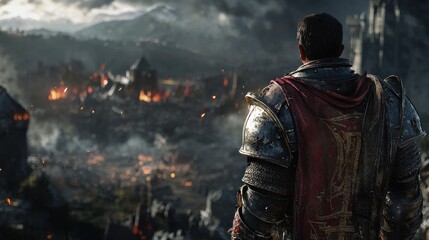 Fototapeta premium A Knight's Desolate View: Witnessing a Fiery Siege