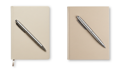 beige notebooks with silver metal pens png.