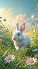 Fototapeta premium A cute bunny running in the garden with wild flowers. Easter season, holiday
