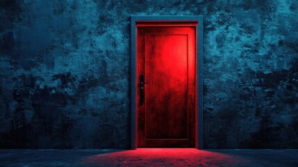 A wooden door framed in a darkened room with vibrant red light