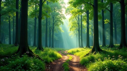 Sunlit Path Through a Lush, Verdant Forest, Serene and Tranquil, with Sunlight Streaming Through the Canopy, Illuminating a Winding Trail