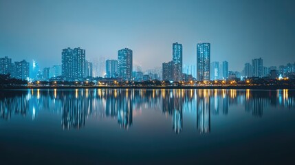 Obraz premium Modern City Skyline Reflected Upon Calm Waters During Twilight