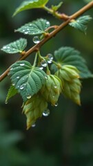 delicate hop branch with dew drops glistening, foliage, botanical, flora