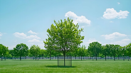 Lush Green Trees And Grass Against A Bright Blue Sky With Soft White Clouds Creating A Serene Outdoor Landscape During Summer
