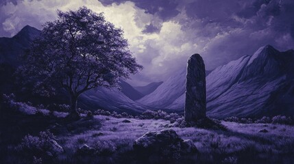 A landscape painting shows a tree and standing stone under clouds