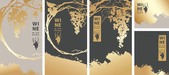 Collection labels for wine. Vector illustration, set of backgrounds with grapes and gold strokes. Eastern style, author's hand drawing.