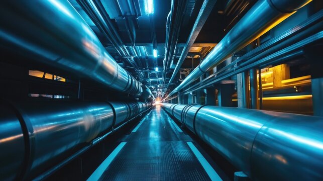 An industrial facility showcasing metal pipelines and overhead support structures