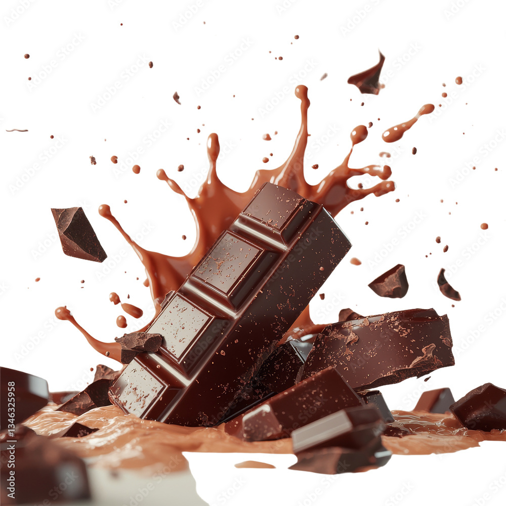 Poster The image features a chocolate bar on Chocolate Splash, with a transparent background, all made possible by Generative Ai
