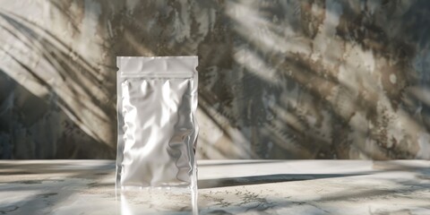 Plain packaging pouch on a concrete table, against an abstract backdrop, 4K hyperrealistic photo.