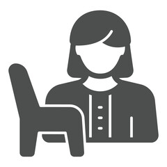 Psychologist woman and chair solid icon, family psychology concept. Vector graphics. Armchair with woman sign on white background, glyph style icon for mobile or web design.