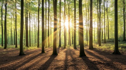 Obraz premium Sunbeams Streaming Through Lush Green Forest Trees at Sunrise