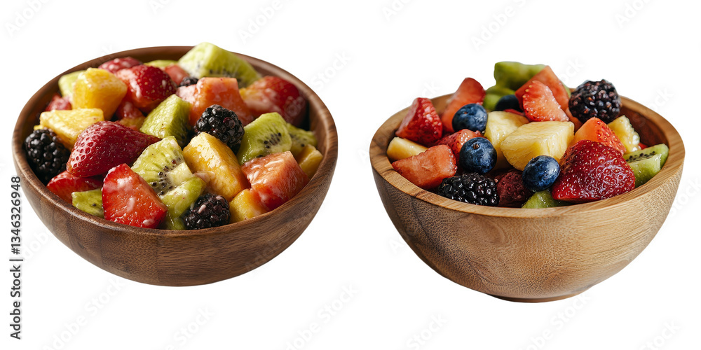 Poster generative ai created an image of a fruit salad in a wooden bowl isolated on a transparent backgroun