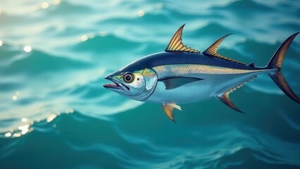 Naklejka premium A single pelagic fish gracefully glides through the aquamarine depths, its scales shimmering with an iridescent glow.