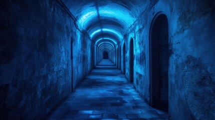 Fototapeta premium A long blue illuminated tunnel with arched openings on both sides