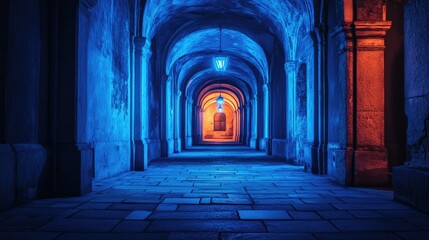 Fototapeta premium A long arched corridor bathed in contrasting blue and orange lighting