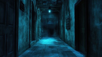 Obraz premium A long dark hallway with doors and a dim hanging light