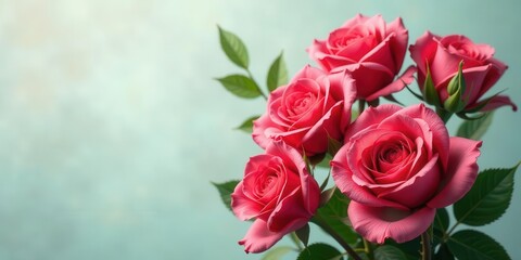 Obraz premium A Close-Up View of a Delicate Bouquet of Vivid Pink Roses with Lush Green Foliage Against a Soft, Pastel Background