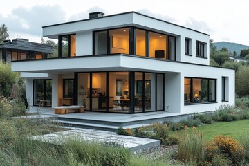 Fototapeta premium Modern family house in white with black window frames, green grass, terrace, wooden bench, and smooth gray concrete, photographed with natural sunlight and raw style.