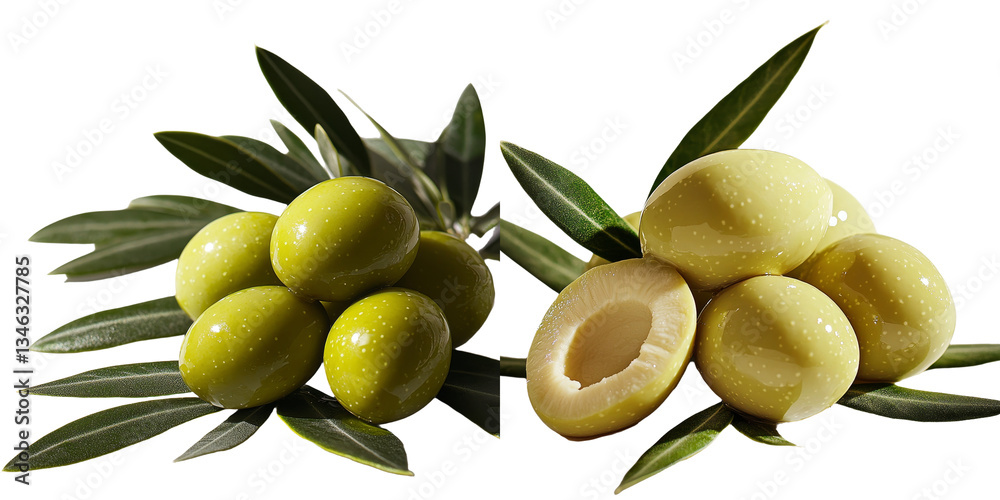 Poster On a transparent background, an arrangement of olives and leaves has been generated using Generative Ai