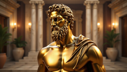 Obraz premium Golden Statue of Man – Majestic Sculpture, Religious Monument in Ancient Greek Architecture and Art