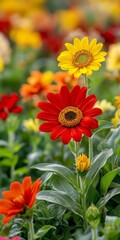 Fototapeta premium Vibrant Summer Garden Red Zinnia Bloom, Yellow Sunflowers, and Colorful Petunias in Full Bloom