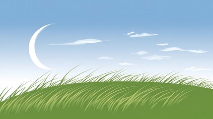 Fototapeta premium Crescent Moon over Windy Hill with Green Grass Landscape.