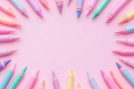 Vibrant array of colorful crayons surrounding soft pastel backdrop Generative AI