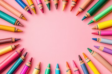 Fototapeta premium Brightly colored crayons framed by artistic paper circle design Generative AI