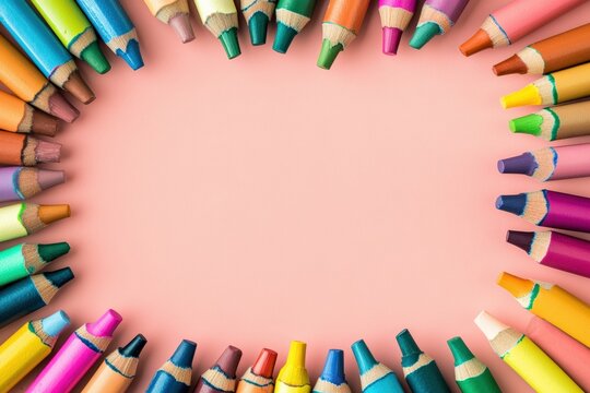 Colorful arrangement of crayons on bright background inviting creativity Generative AI