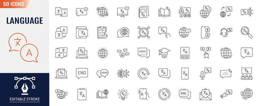 Language icon set. Containing communication, translate, speech, non-verbal, writing, speaking, dictionary, language skills, vocabulary and more. Vector illustration