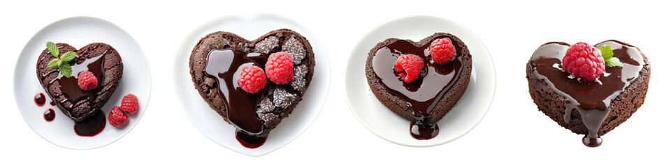 Luxurious heart shaped chocolate cakes topped with rich chocolate glaze and fresh vibrant raspberries creating an elegant and indulgent dessert