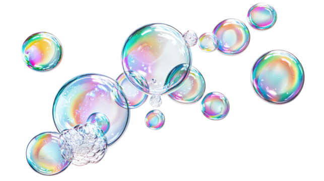 Floating soap bubbles in various sizes, isolated on white