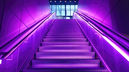 Fototapeta premium Purple Illuminated Staircase Leading Upward To A Bright Glass Window