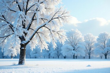 Fototapeta premium Snow-covered European white birch tree in frost, snowy, frozen