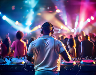 Una sala de fiestas o discoteca con un disc jockey pinchando musica en un escenario con la sala llena de gente bailando y focos de colores